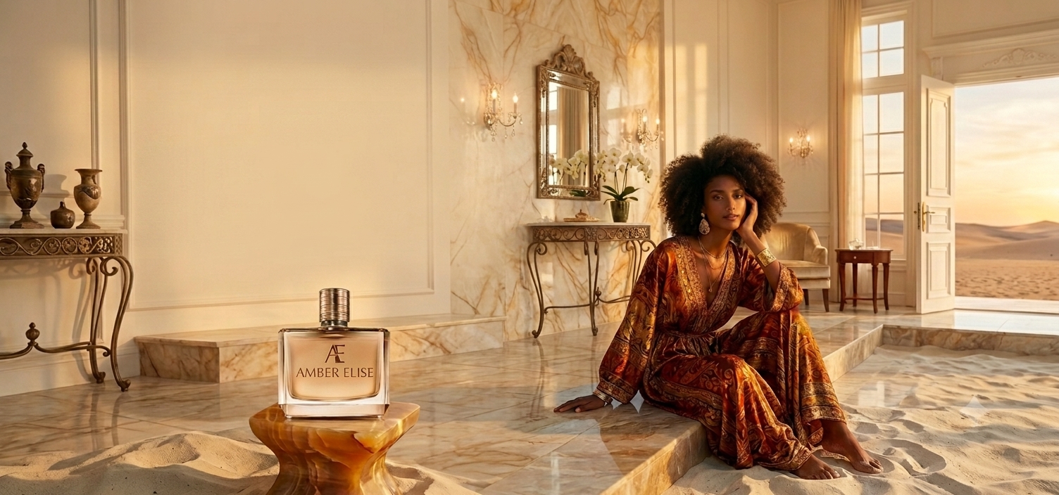 Amber 'Elise fragrance displayed in a sunlit marble interior